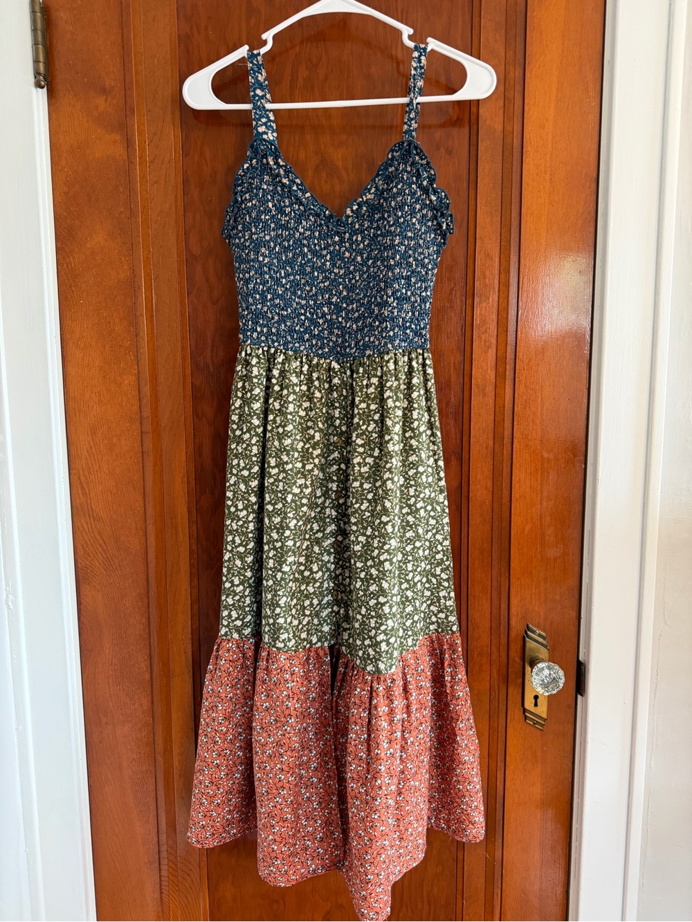 Tiered Floral Midi Dress in Blue, Olive & Rust